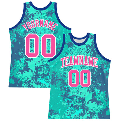 Custom Teal Pink Royal-White Splash Round Neck Sublimation Basketball Set Jersey