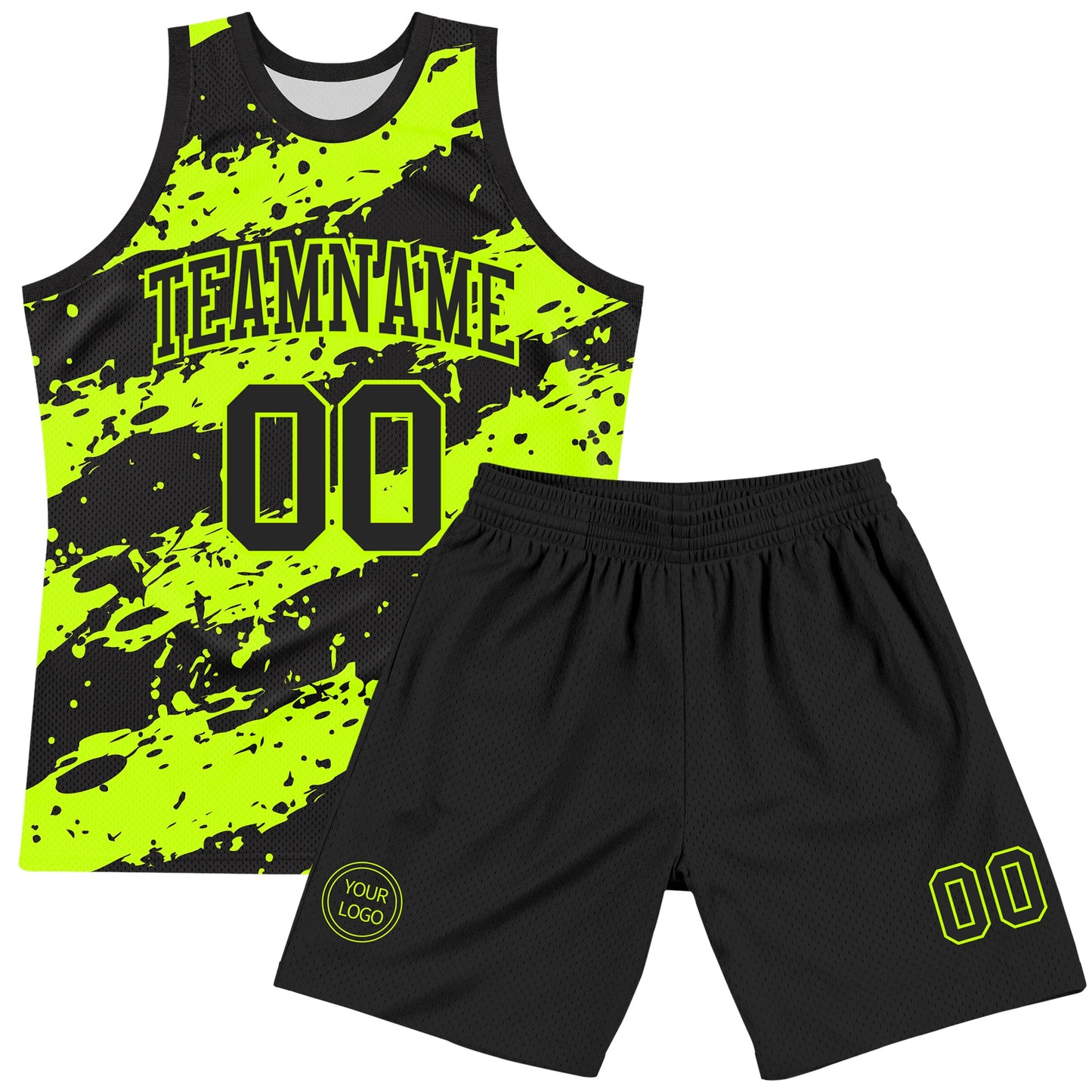 Custom Black Neon Green Splash Round Neck Sublimation Basketball Set Jersey