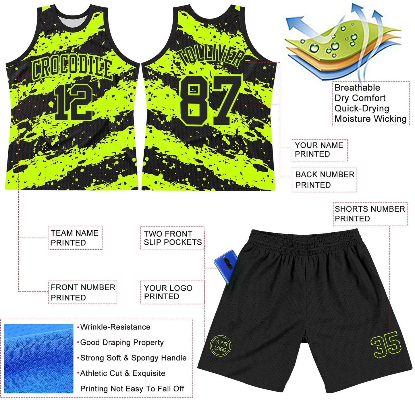 Custom Black Neon Green Splash Round Neck Sublimation Basketball Set Jersey