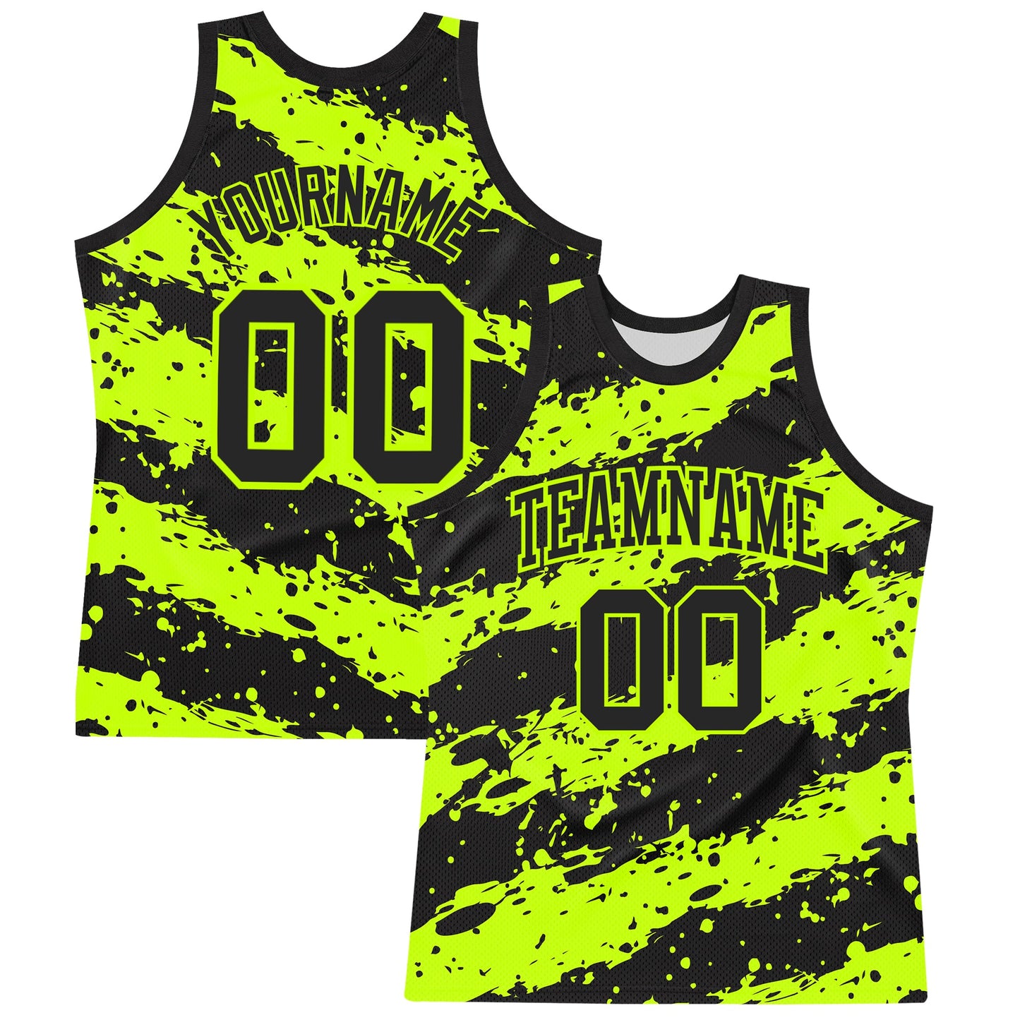 Custom Black Neon Green Splash Round Neck Sublimation Basketball Set Jersey