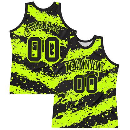 Custom Black Neon Green Splash Round Neck Sublimation Basketball Set Jersey