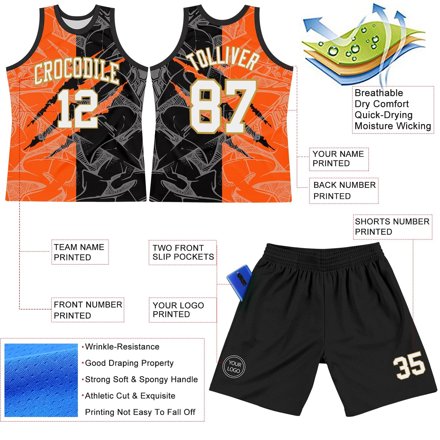 Custom Graffiti Pattern White Black Orange-Old Gold Scratch Round Neck Sublimation Basketball Set Jersey