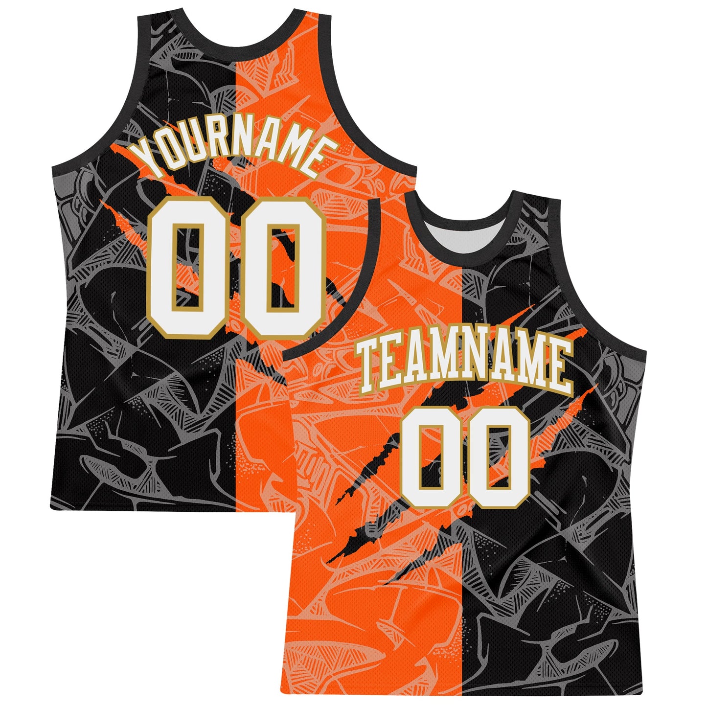 Custom Graffiti Pattern White Black Orange-Old Gold Scratch Round Neck Sublimation Basketball Set Jersey