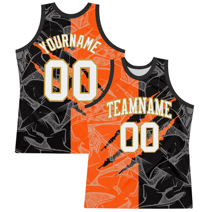 Custom Graffiti Pattern White Black Orange-Old Gold Scratch Round Neck Sublimation Basketball Set Jersey