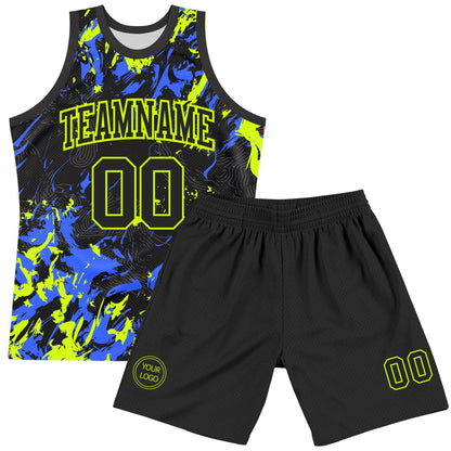 Custom Black Neon Green-Royal Splash Round Neck Sublimation Basketball Set Jersey