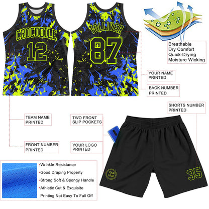 Custom Black Neon Green-Royal Splash Round Neck Sublimation Basketball Set Jersey