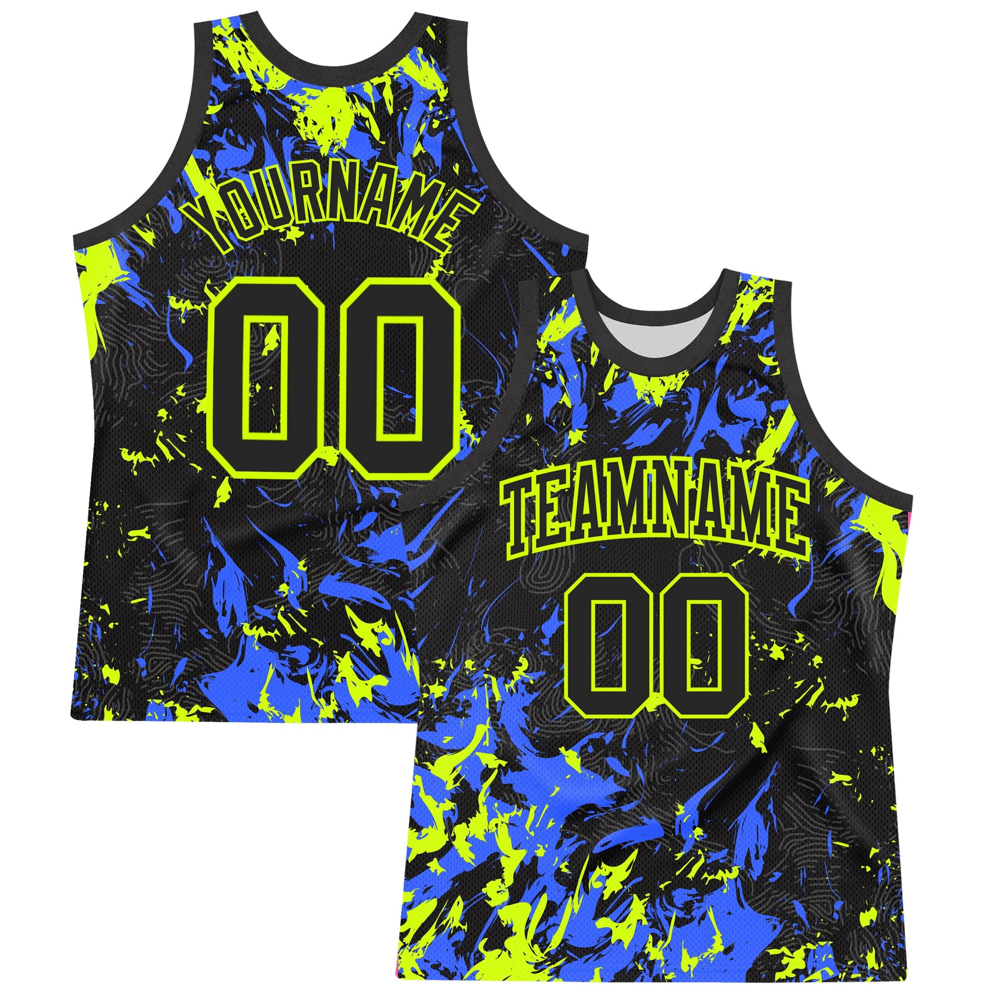 Custom Black Neon Green-Royal Splash Round Neck Sublimation Basketball Set Jersey