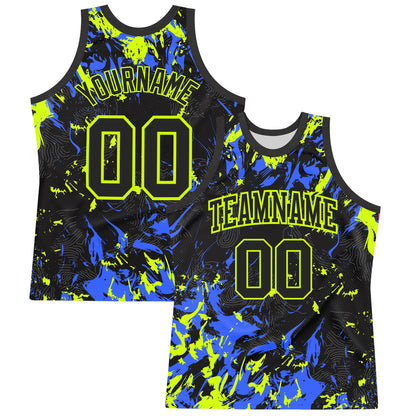 Custom Black Neon Green-Royal Splash Round Neck Sublimation Basketball Set Jersey