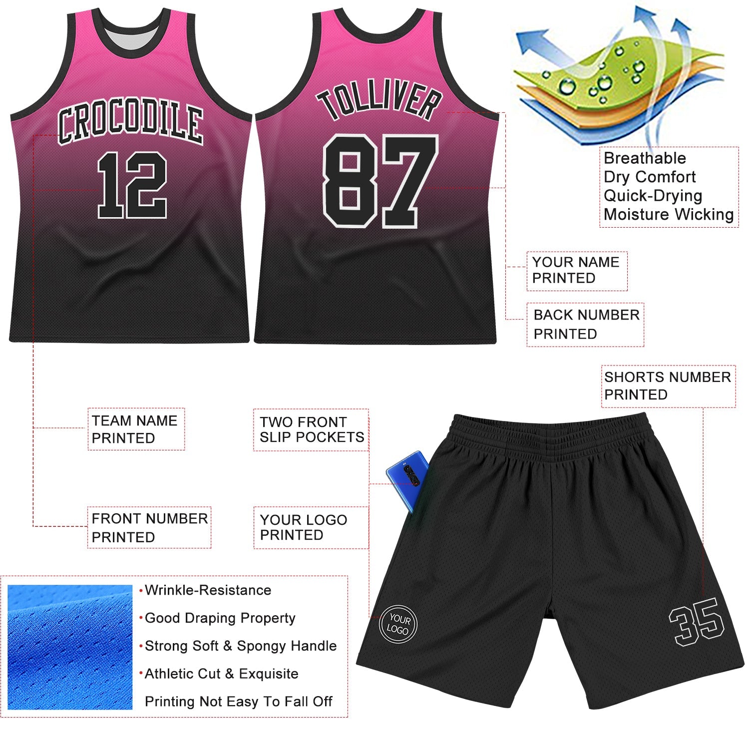 Custom Pink Black-White Fade Fashion Round Neck Sublimation Basketball Set Jersey