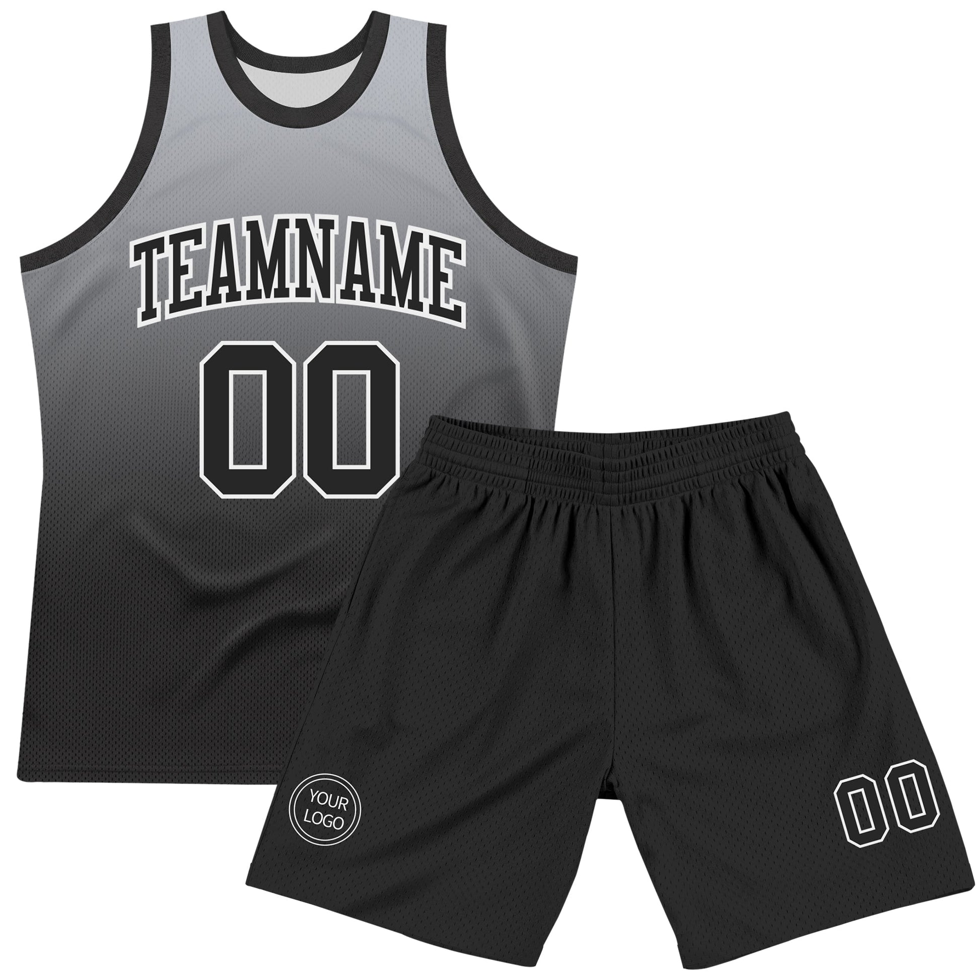 Custom Gray Black-White Fade Fashion Round Neck Sublimation Basketball Set Jersey