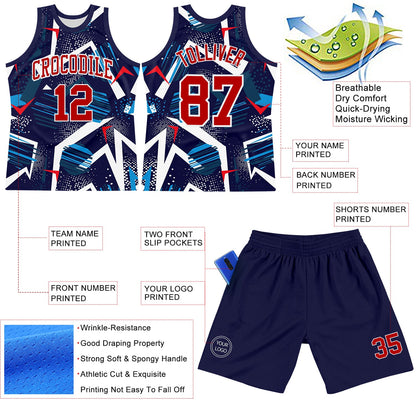 Custom Navy Red-White Geometric Shape Round Neck Sublimation Basketball Set Jersey