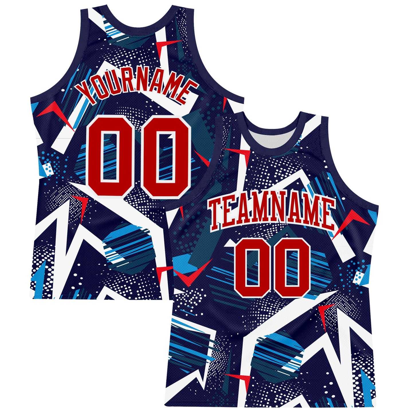 Custom Navy Red-White Geometric Shape Round Neck Sublimation Basketball Set Jersey