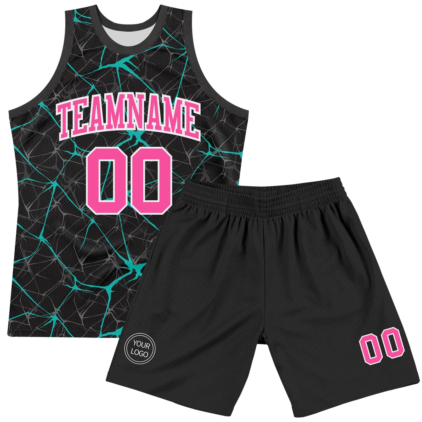 Custom Black Pink Aqua-White Abstract Network Round Neck Sublimation Basketball Set Jersey