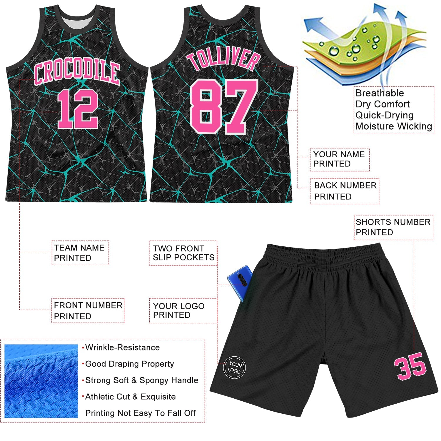 Custom Black Pink Aqua-White Abstract Network Round Neck Sublimation Basketball Set Jersey