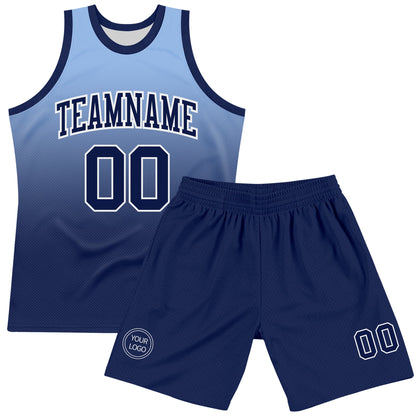 Custom Light Blue Navy-White Fade Fashion Round Neck Sublimation Basketball Set Jersey