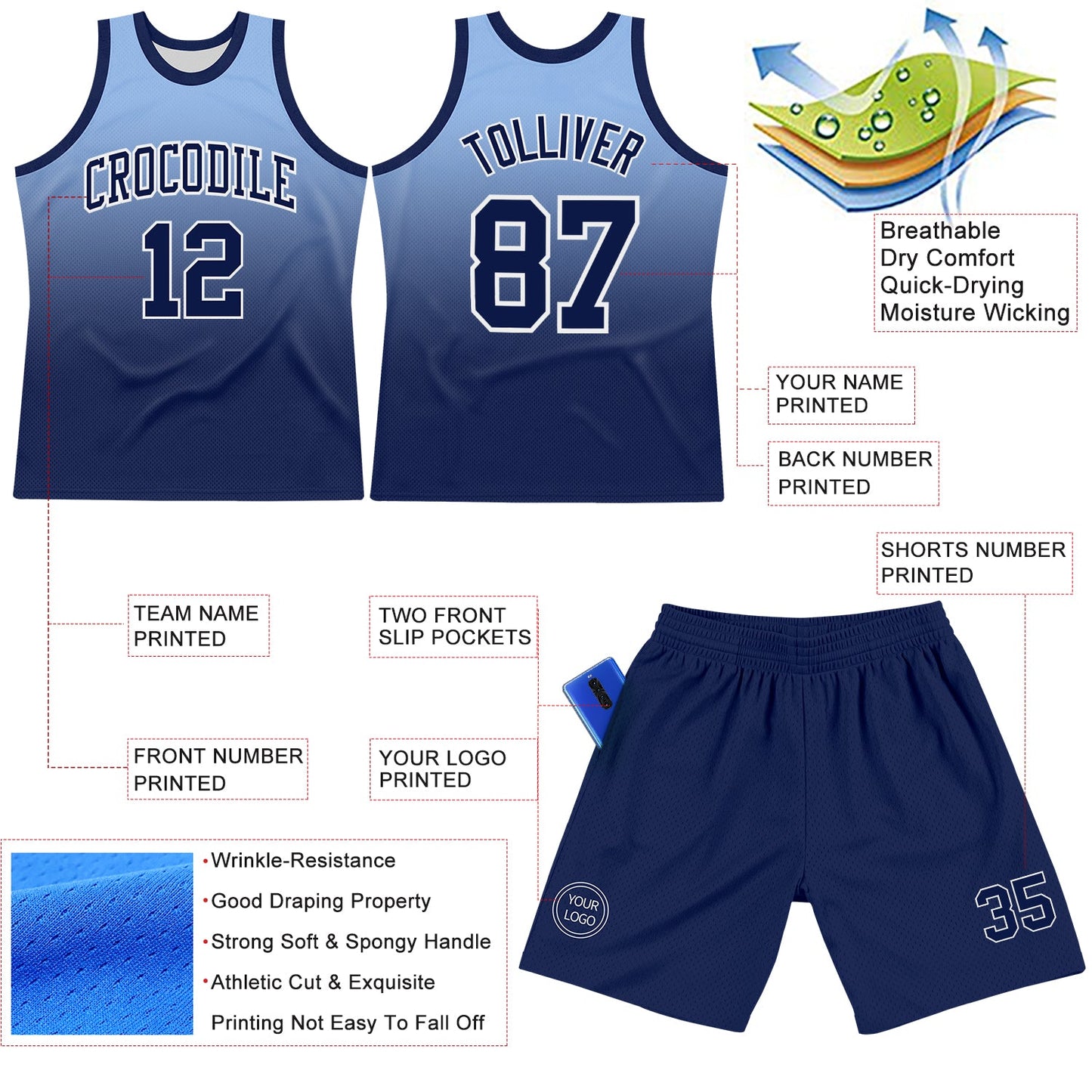 Custom Light Blue Navy-White Fade Fashion Round Neck Sublimation Basketball Set Jersey