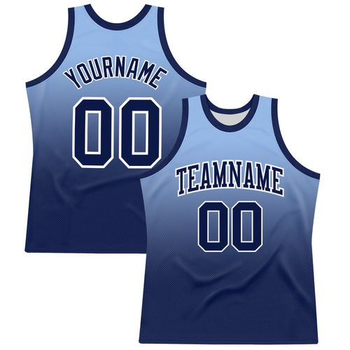 Custom Light Blue Navy-White Fade Fashion Round Neck Sublimation Basketball Set Jersey