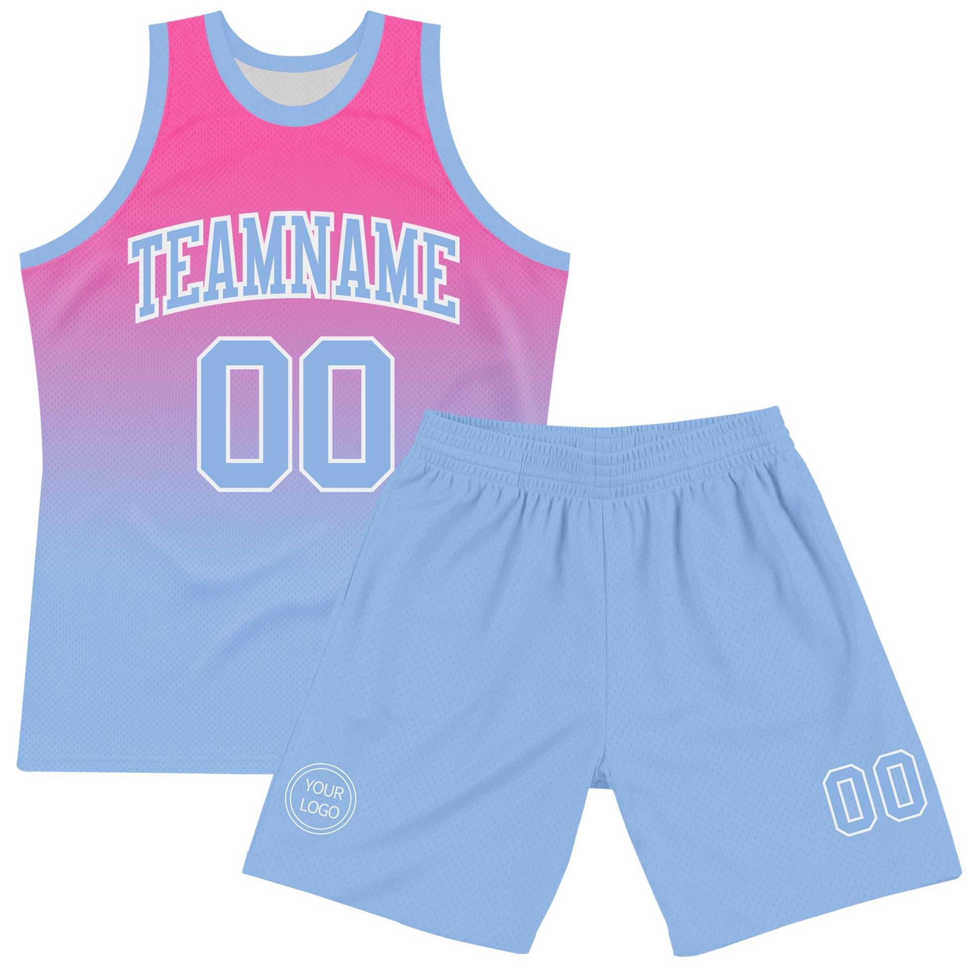 Custom Pink Light Blue-White Fade Fashion Round Neck Sublimation Basketball Set Jersey