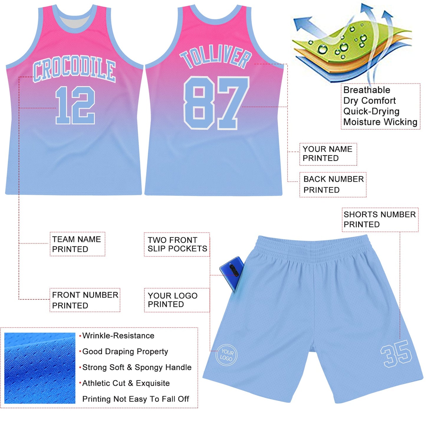 Custom Pink Light Blue-White Fade Fashion Round Neck Sublimation Basketball Set Jersey