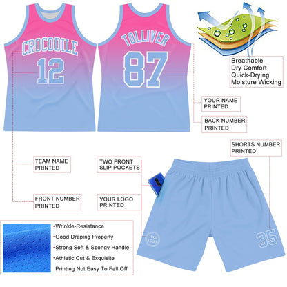 Custom Pink Light Blue-White Fade Fashion Round Neck Sublimation Basketball Set Jersey
