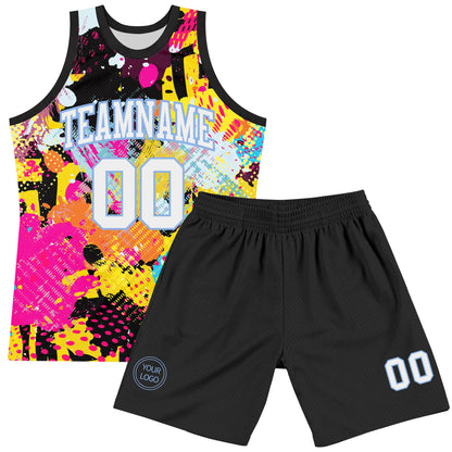 Custom Graffiti Pattern White-Light Blue Splash Round Neck Sublimation Basketball Set Jersey