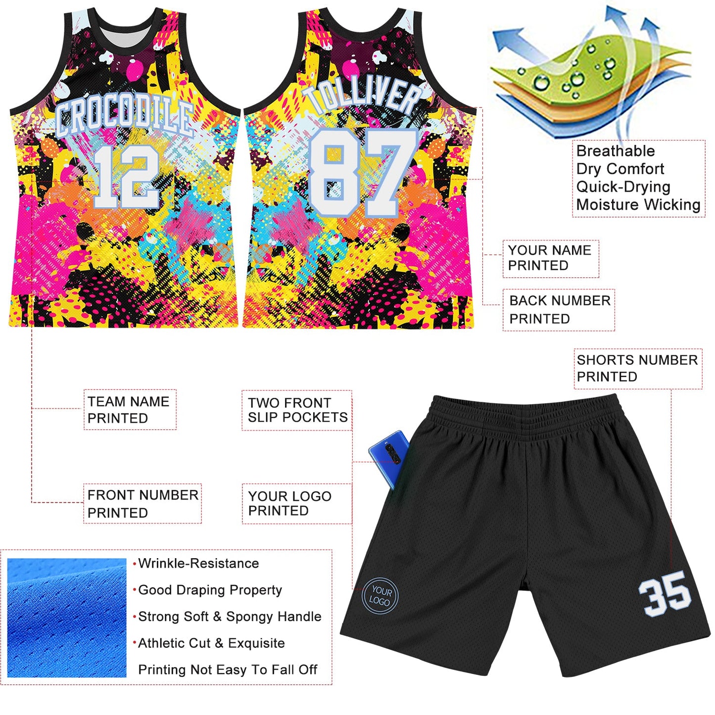 Custom Graffiti Pattern White-Light Blue Splash Round Neck Sublimation Basketball Set Jersey