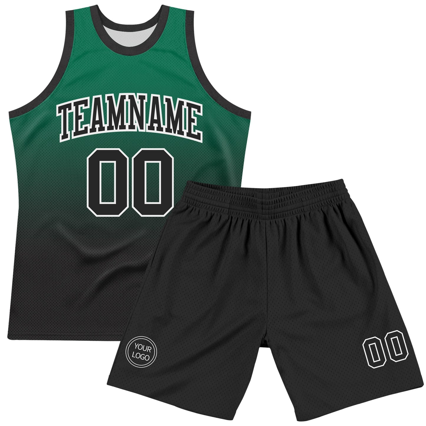 Custom Kelly Green Black-White Fade Fashion Round Neck Sublimation Basketball Set Jersey
