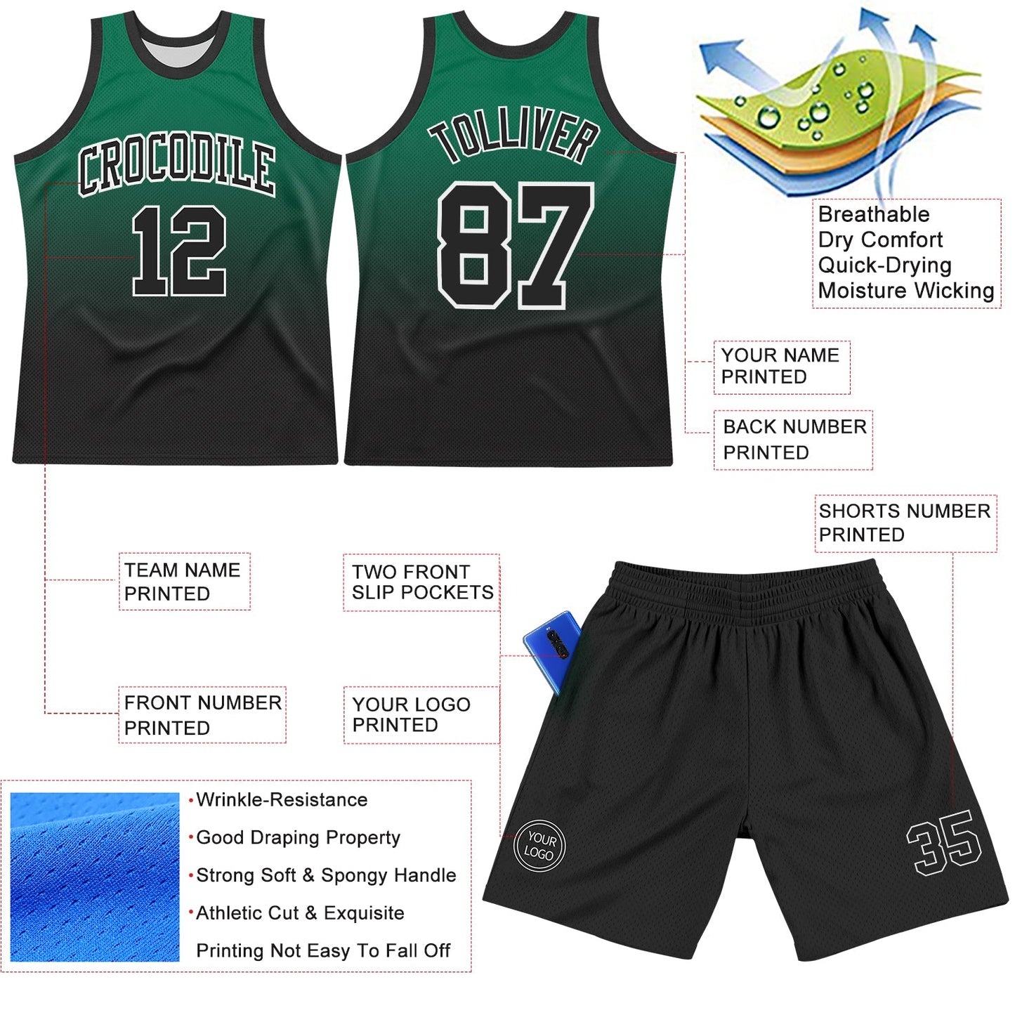 Custom Kelly Green Black-White Fade Fashion Round Neck Sublimation Basketball Set Jersey