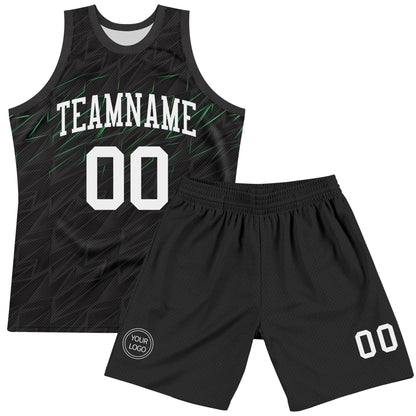 Custom Black White-Neon Green Line Round Neck Sublimation Basketball Set Jersey
