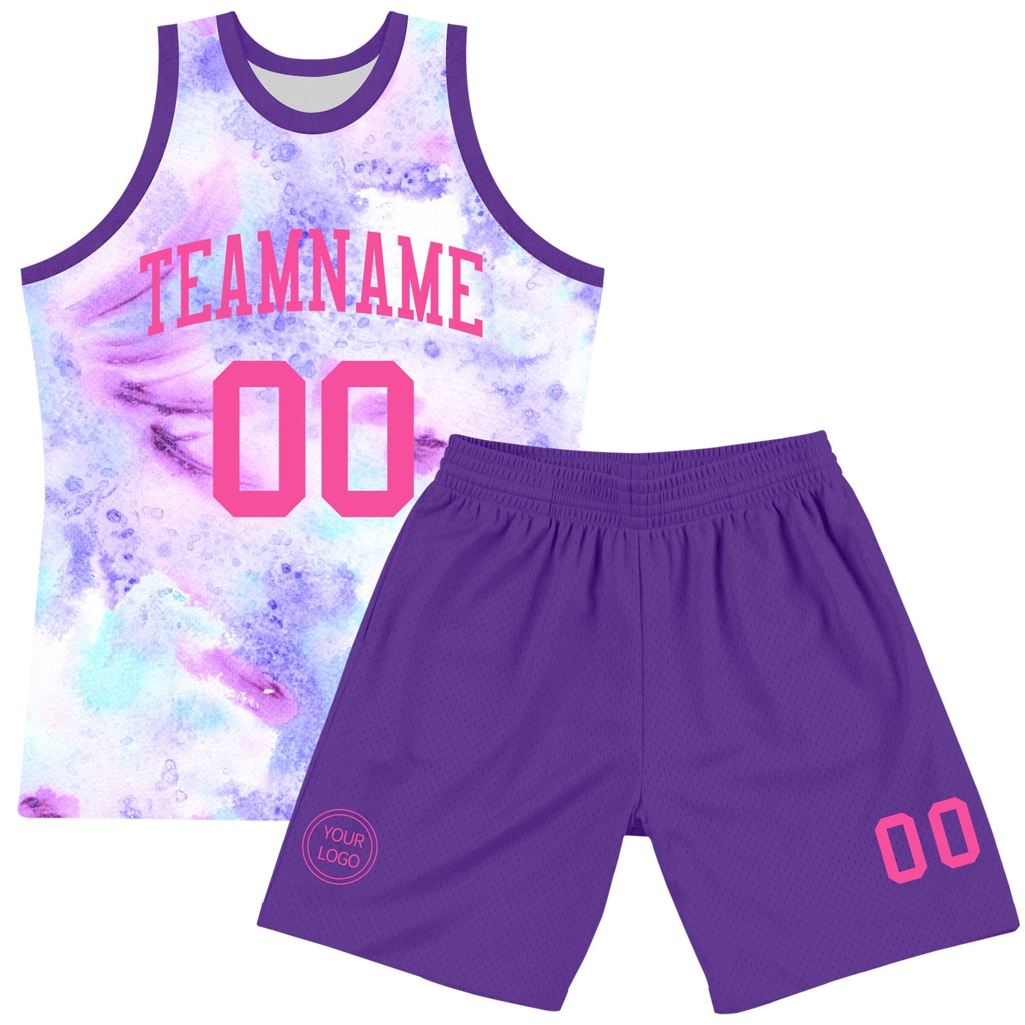 Custom Tie Dye Pink-Purple Round Neck Sublimation Basketball Set Jersey