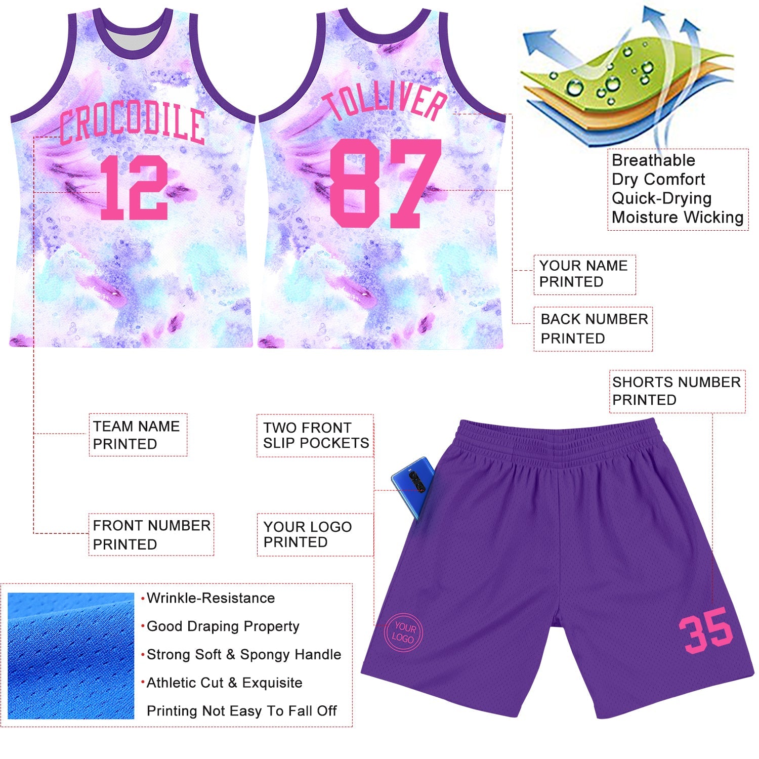 Custom Tie Dye Pink-Purple Round Neck Sublimation Basketball Set Jersey