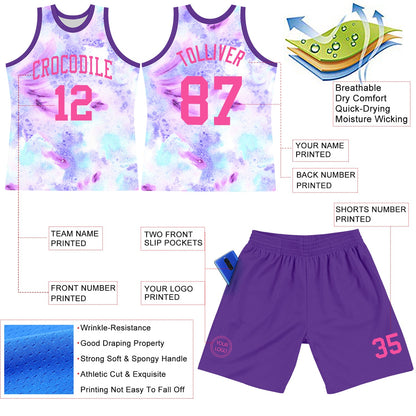 Custom Tie Dye Pink-Purple Round Neck Sublimation Basketball Set Jersey