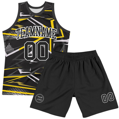 Custom Black Gold-White Line Round Neck Sublimation Basketball Set Jersey