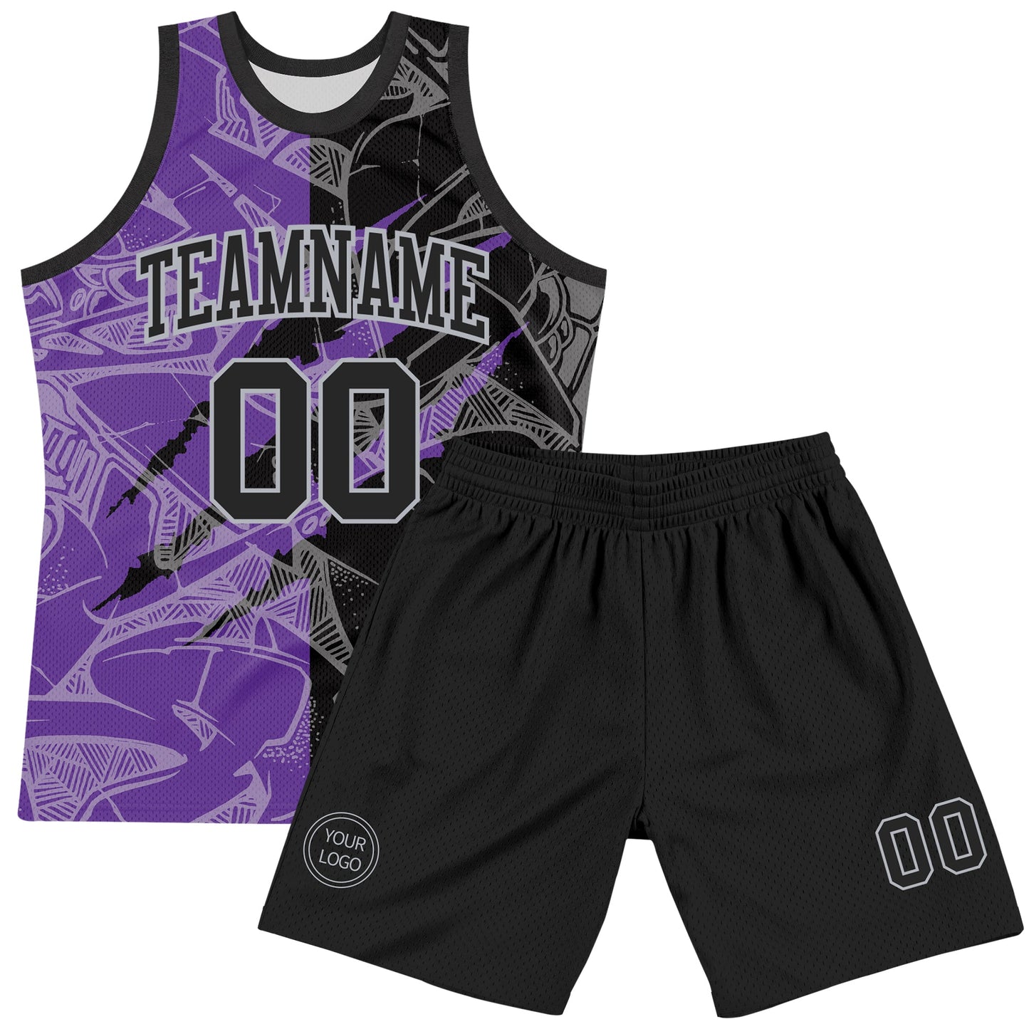 Custom Graffiti Pattern Black Purple-Gray Scratch Round Neck Sublimation Basketball Set Jersey