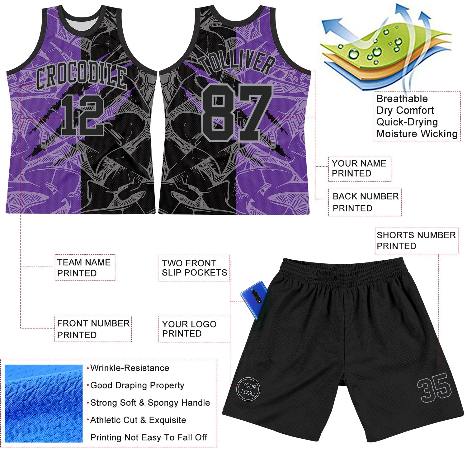 Custom Graffiti Pattern Black Purple-Gray Scratch Round Neck Sublimation Basketball Set Jersey
