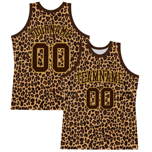 Custom Brown Old Gold Leopard Print Round Neck Sublimation Basketball Set Jersey