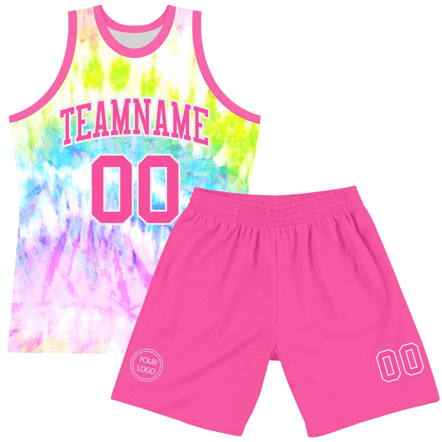 Custom Tie Dye Pink-White Round Neck Sublimation Basketball Set Jersey
