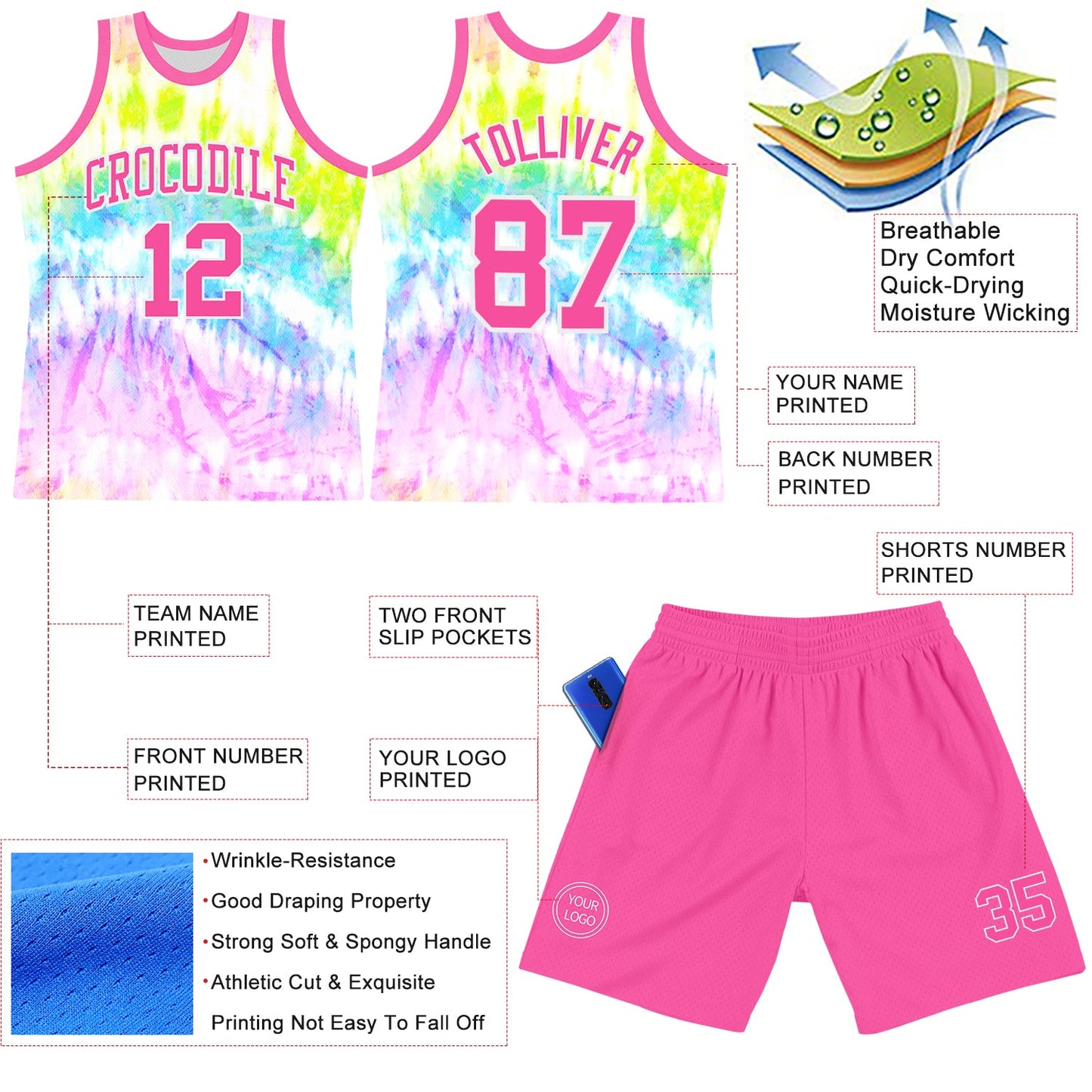 Custom Tie Dye Pink-White Round Neck Sublimation Basketball Set Jersey
