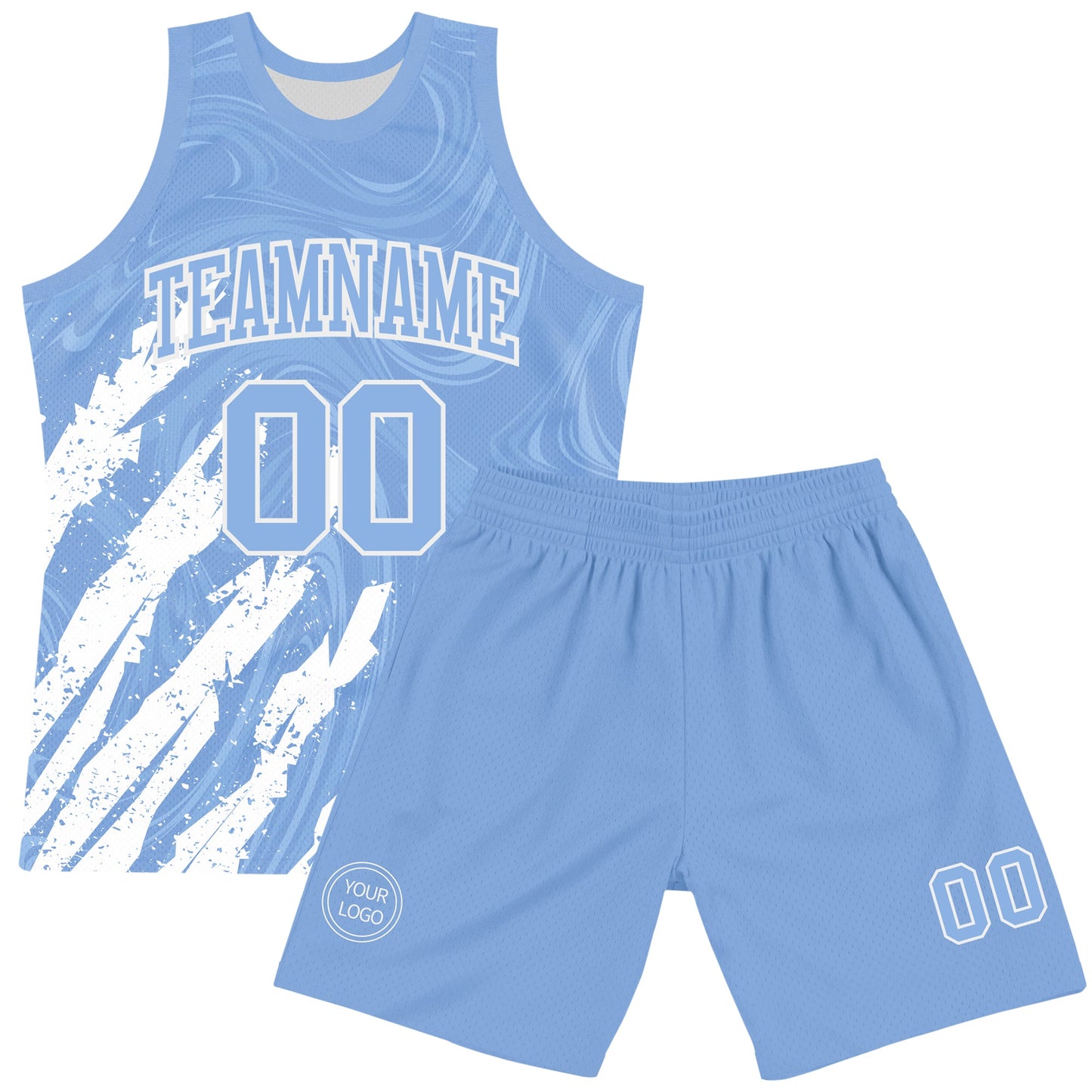 Custom Light Blue White Splash Round Neck Sublimation Basketball Set Jersey