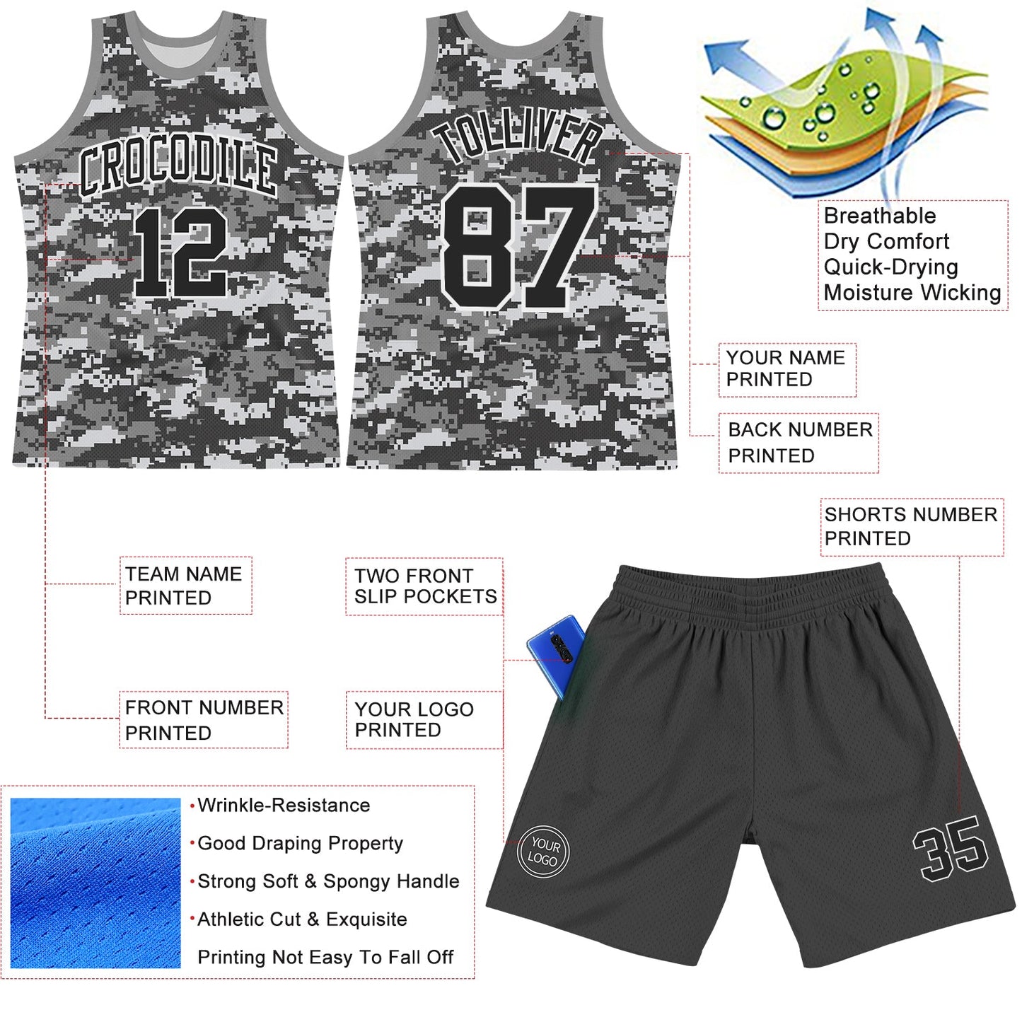 Custom Camo Black-White Round Neck Sublimation Salute To Service Basketball Set Jersey
