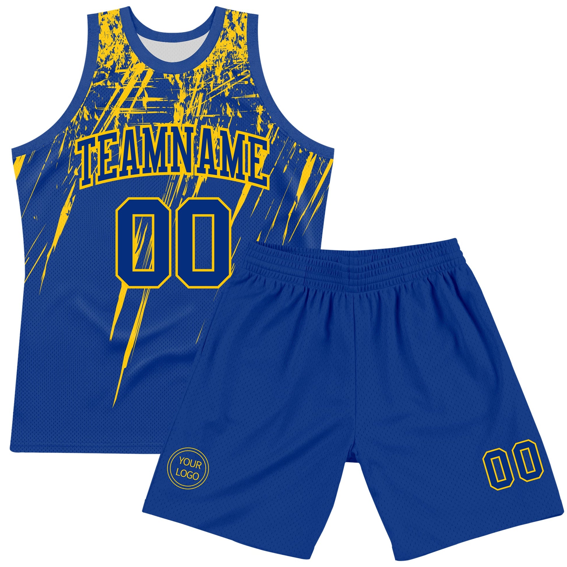 Custom Royal Yellow Splash Round Neck Sublimation Basketball Set Jersey