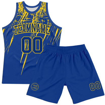 Custom Royal Yellow Splash Round Neck Sublimation Basketball Set Jersey