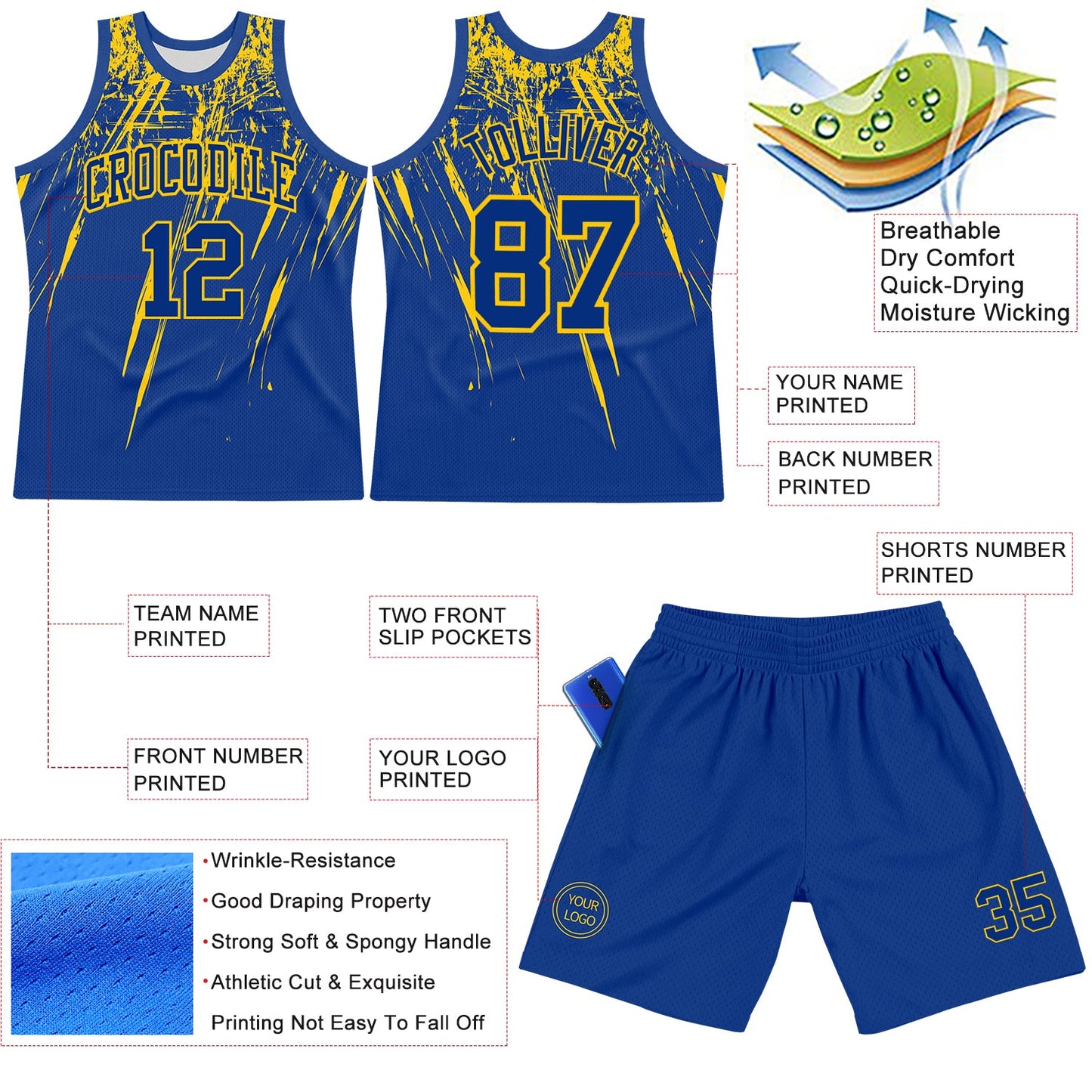 Custom Royal Yellow Splash Round Neck Sublimation Basketball Set Jersey