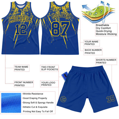 Custom Royal Yellow Splash Round Neck Sublimation Basketball Set Jersey