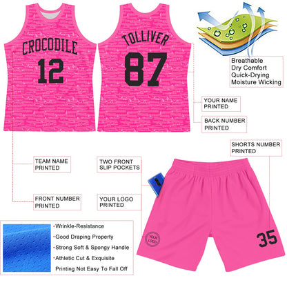 Custom Pink Black Fragment Art Round Neck Sublimation Basketball Set Jersey