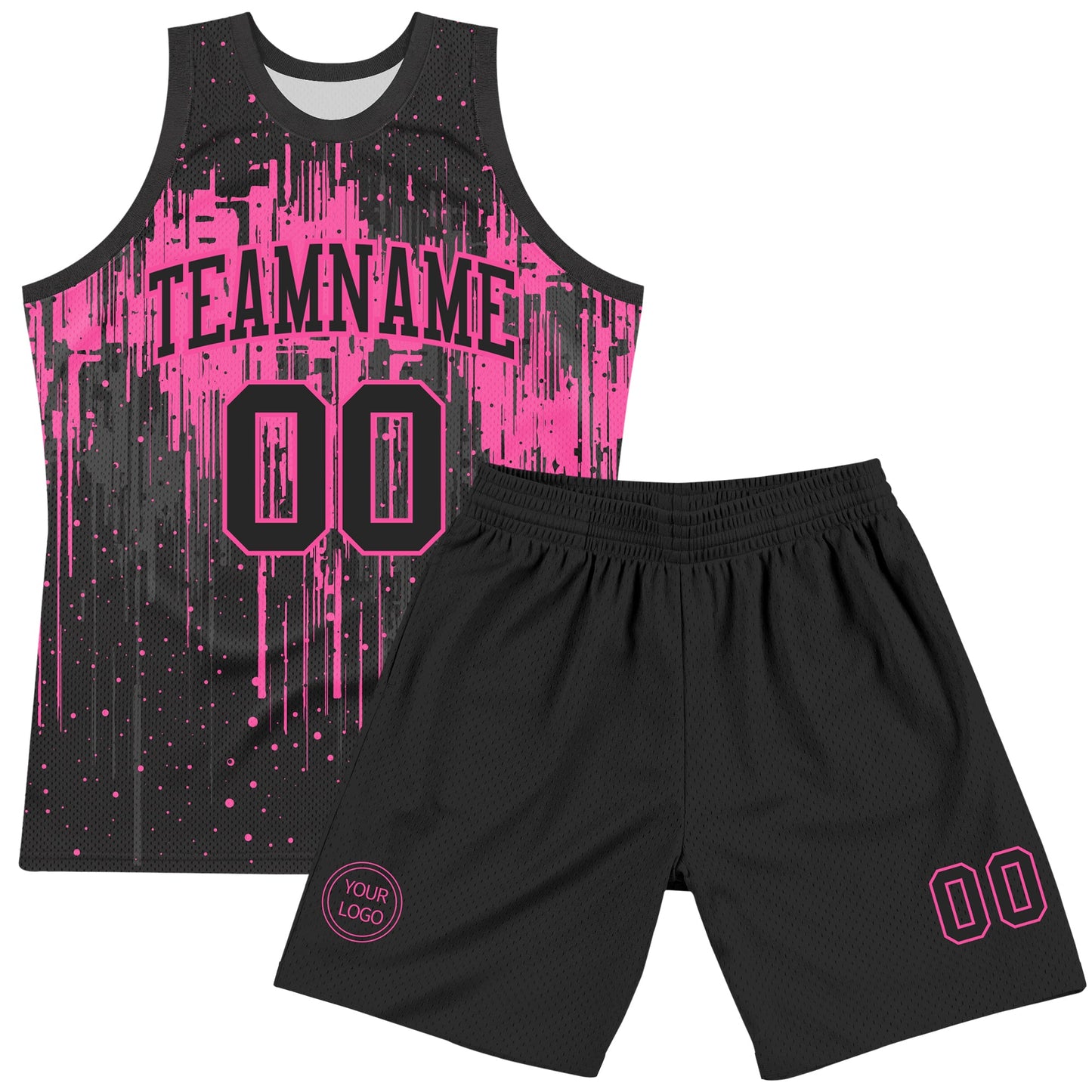 Custom Black Pink Dripping Splatter Art Round Neck Sublimation Basketball Set Jersey