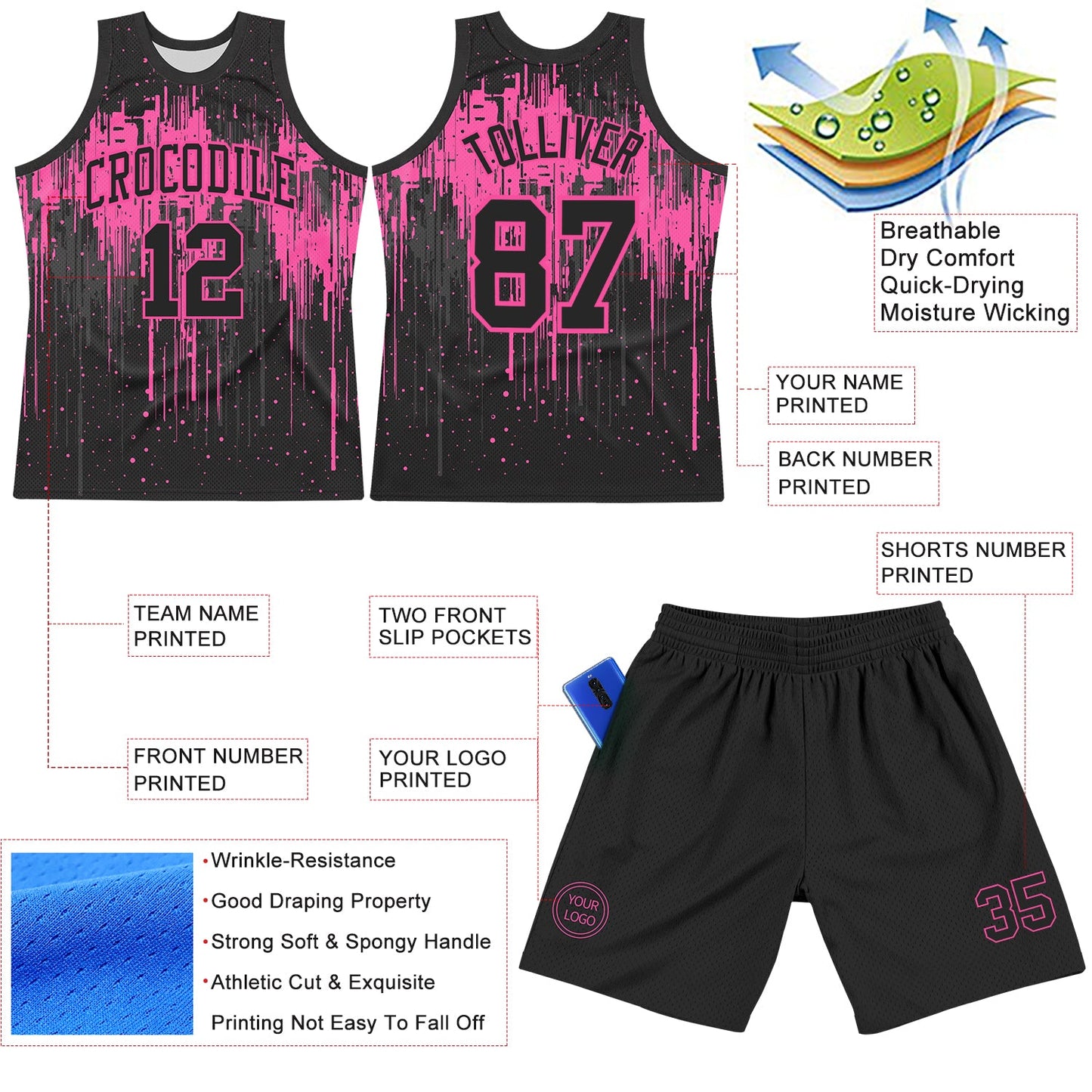 Custom Black Pink Dripping Splatter Art Round Neck Sublimation Basketball Set Jersey