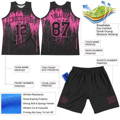Custom Black Pink Dripping Splatter Art Round Neck Sublimation Basketball Set Jersey