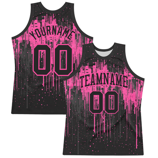 Custom Black Pink Dripping Splatter Art Round Neck Sublimation Basketball Set Jersey