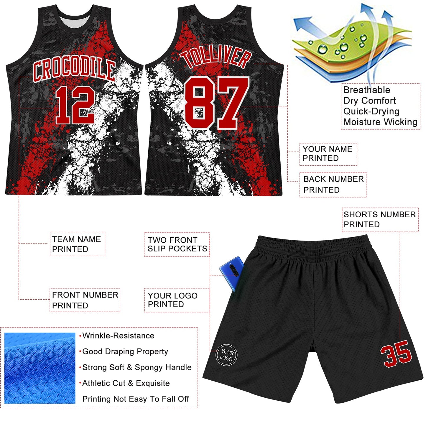 Custom Black Red-White Splash Round Neck Sublimation Basketball Set Jersey